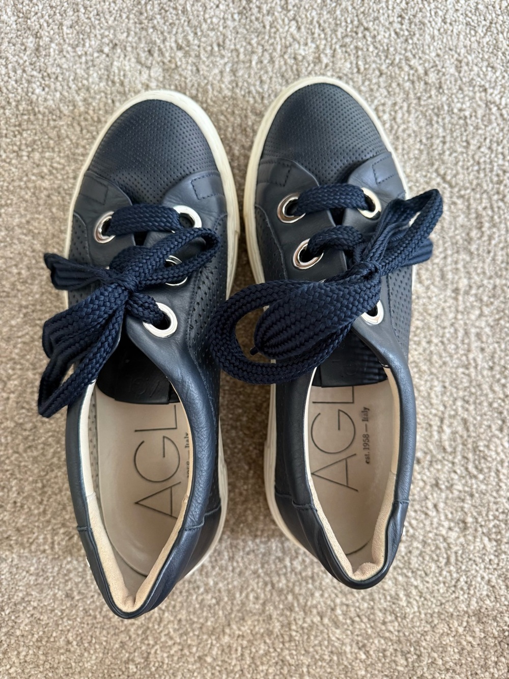 AGL Navy Leather Perforated Lace-Up Sneakers with White Sole